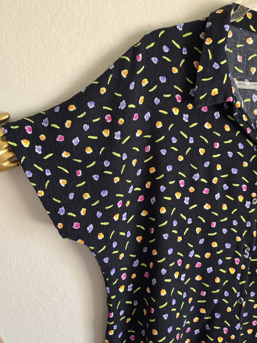 🌈90's Confetti Bright Abstract Floral Polka Dots Button Up Vintage Top🌈 - Picture 2 of 8